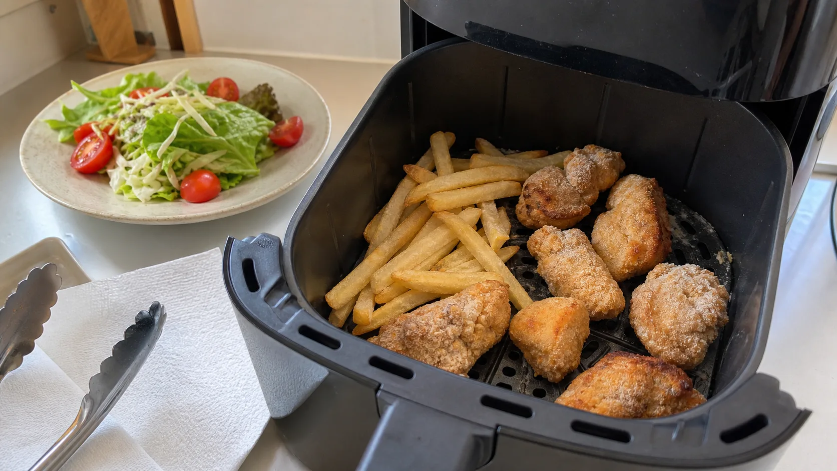 冷凍から揚げとポテトをエアフライヤーで焼き戻すイメージ