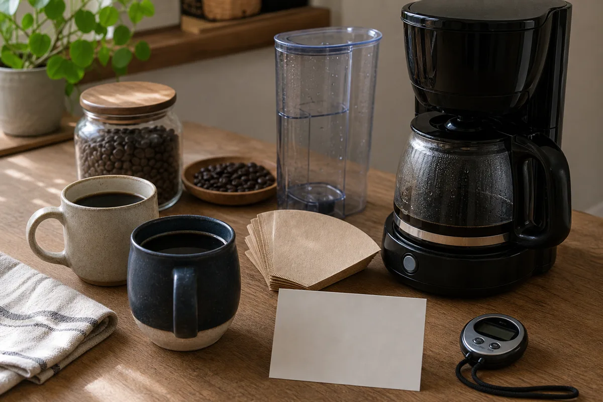 購入前の疑問をメモしながらコーヒーメーカーの型番と置き場所を確認するイメージ