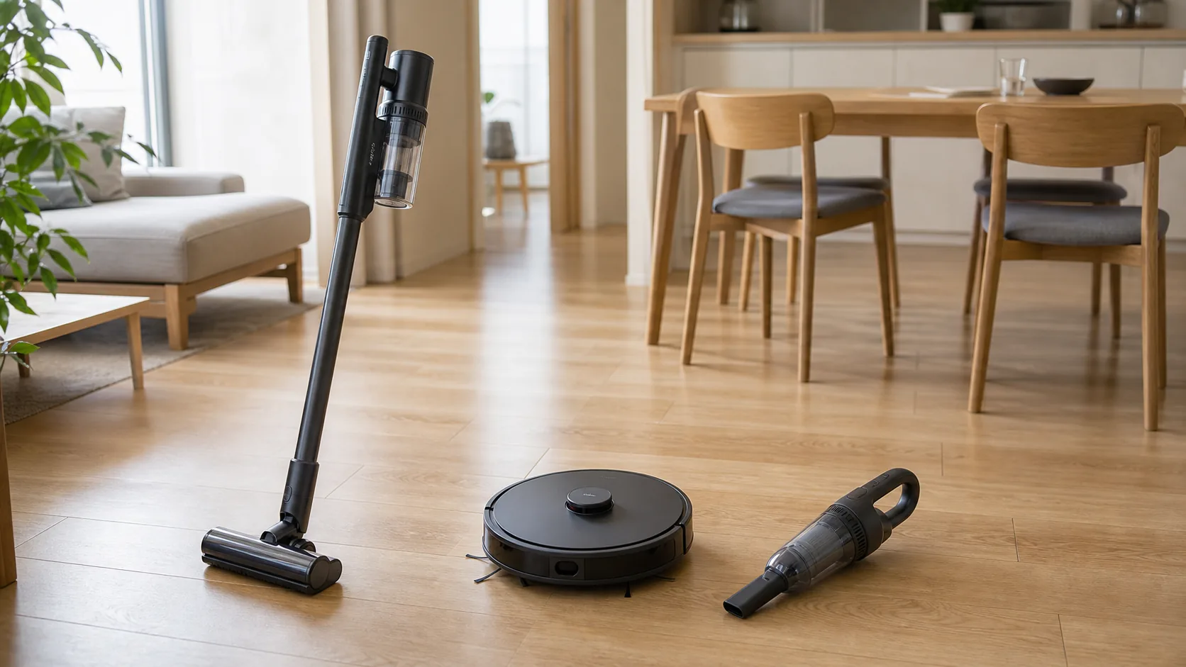 ロボット掃除機とコードレス掃除機を同じ部屋で使い分ける様子