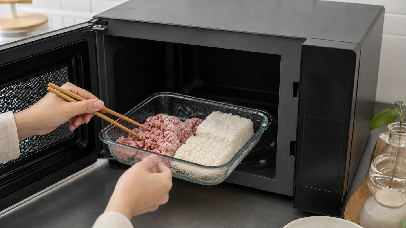 フラット庫内のオーブンレンジで冷凍肉と冷凍ごはんを解凍するイメージ
