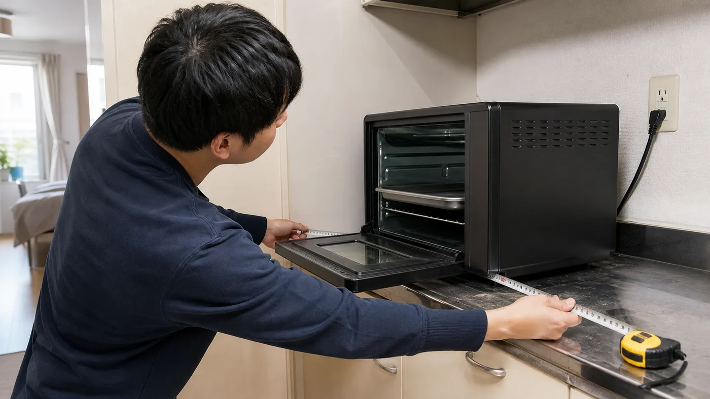 キッチンカウンターでオーブンレンジの奥行と扉の開き方を測るイメージ