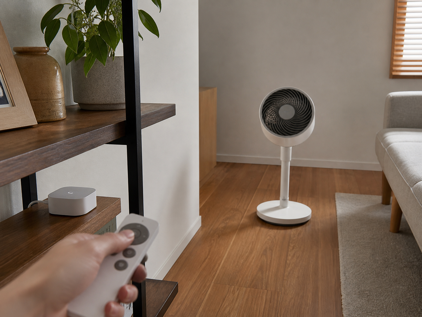 扇風機のリモコンを赤外線スマートハブへ向けて登録する場面