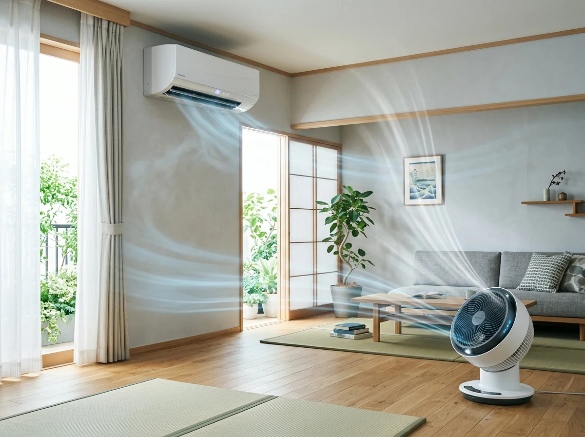 エアコンとサーキュレーターでリビングの空気を循環させるイメージ