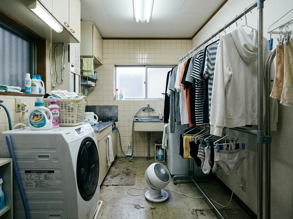部屋干しの洗濯物へ下から斜めに風を当てるイメージ
