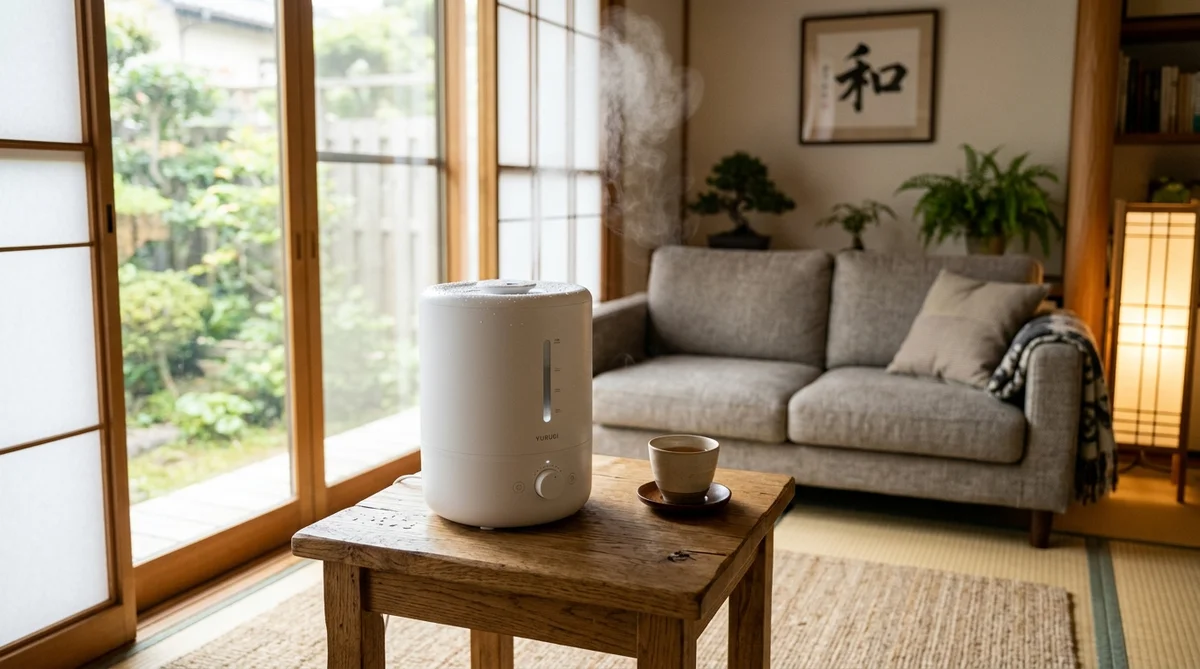 SwitchBot気化式加湿器をリビングのサイドテーブルに設置した様子