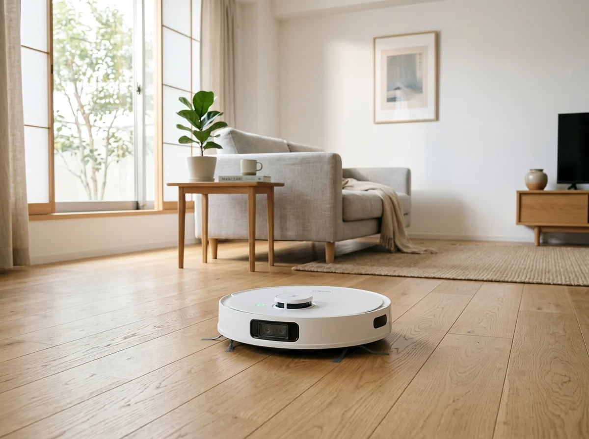 明るいリビングのフローリングを掃除するSwitchBot S20ロボット掃除機