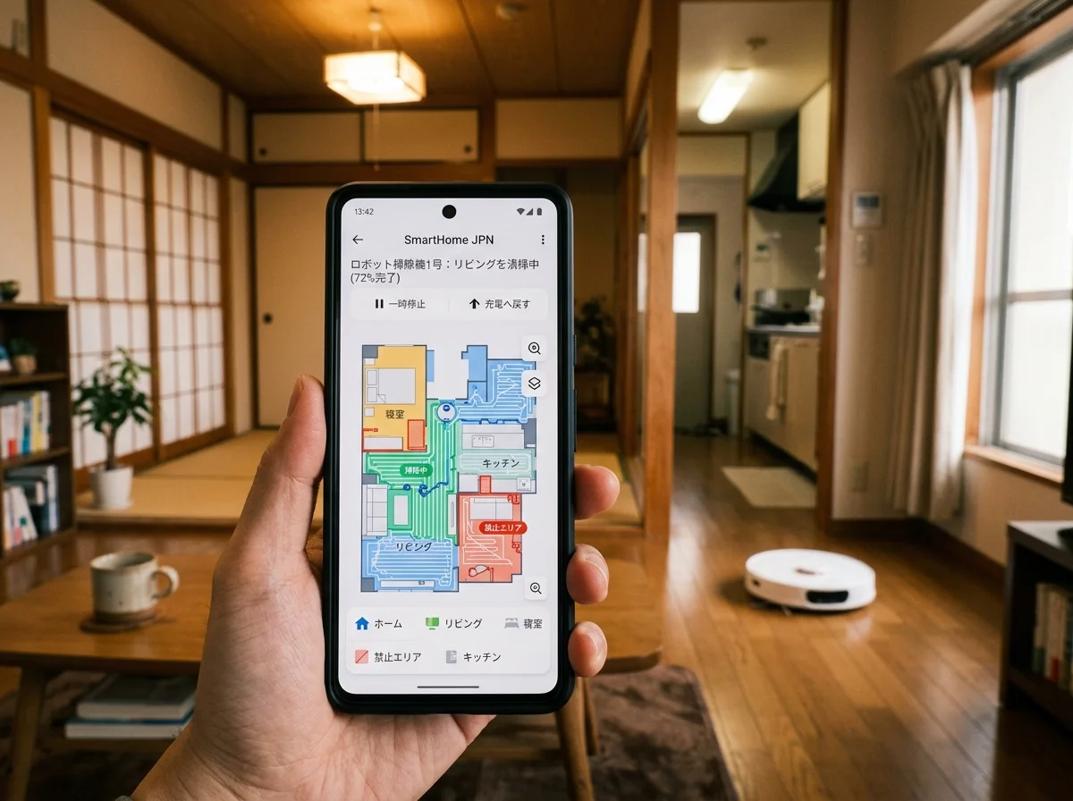 スマートホームアプリでロボット掃除機を連携するイメージ