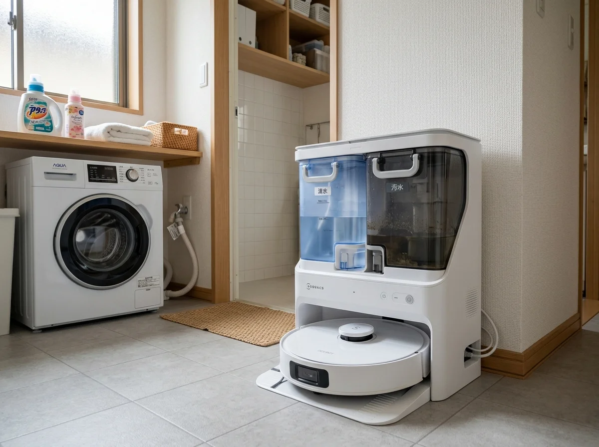 水拭き対応ロボット掃除機の大型ステーションを置いたイメージ