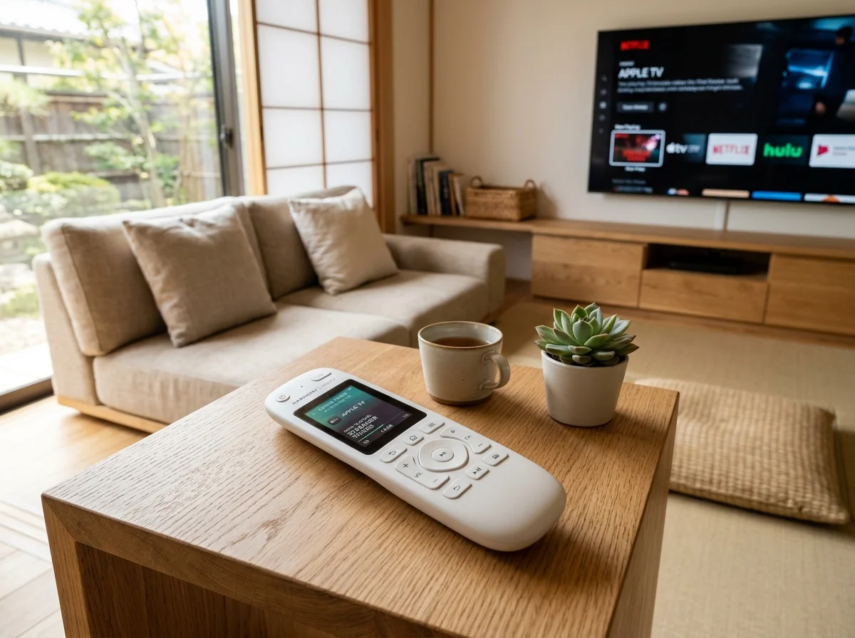 SwitchBot学習リモコンがリビングのサイドテーブルに置かれた様子