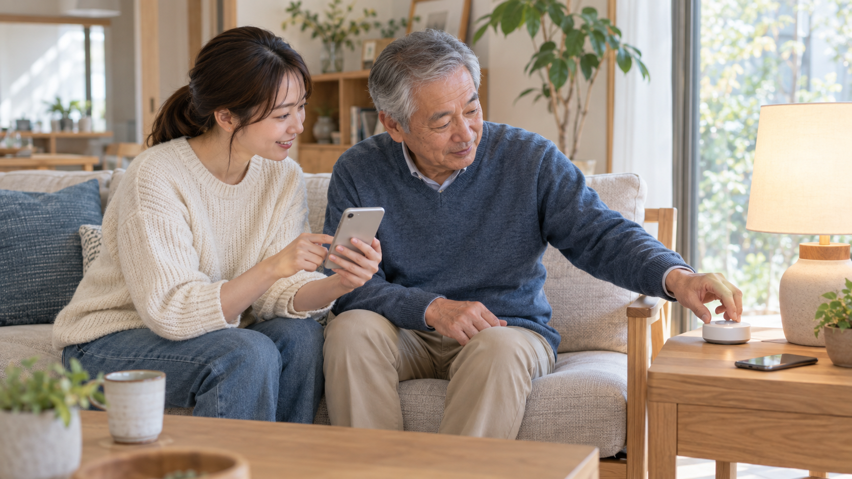 家族がスマートホームの使い方を相談しながら簡単な操作を試す場面