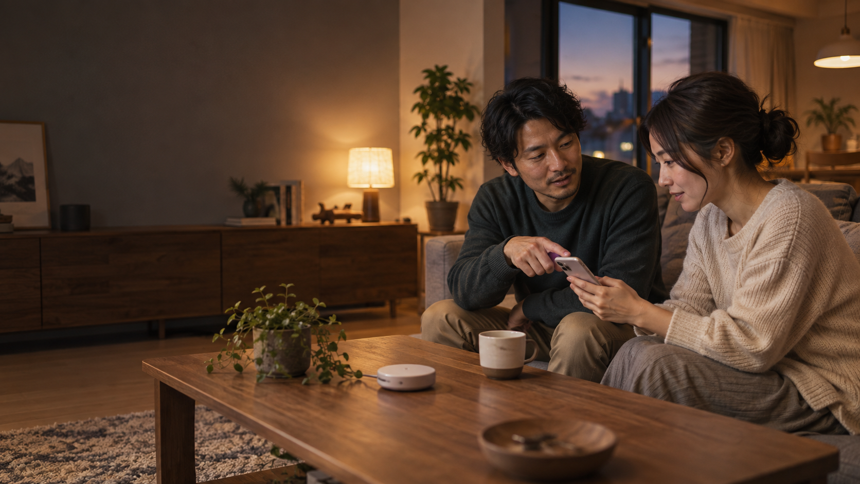 家族がスマートホームの自動化設定を引き継ぐリビングの様子