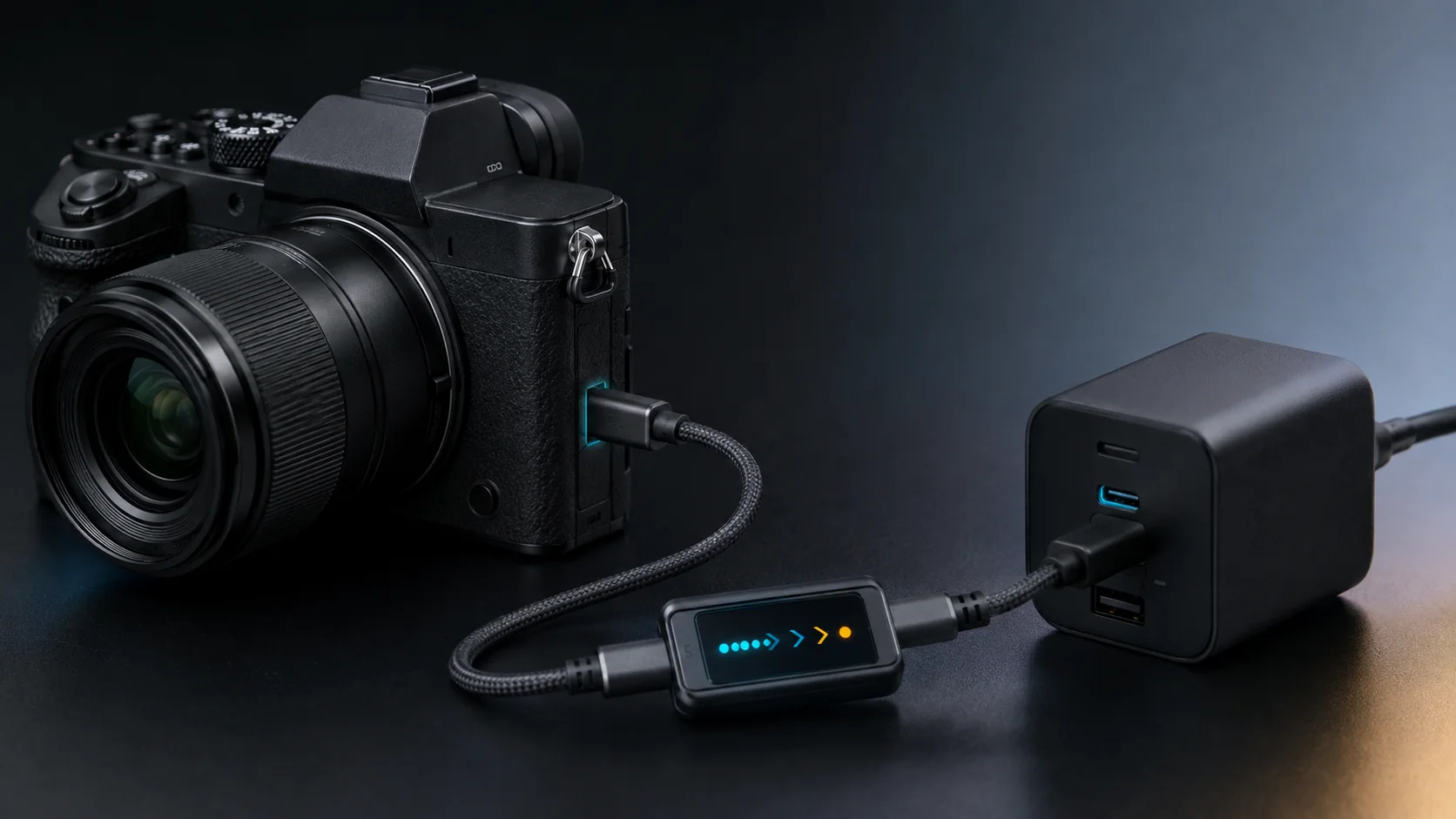 USB-C充電器とカメラの間で電力条件を確認するイメージ