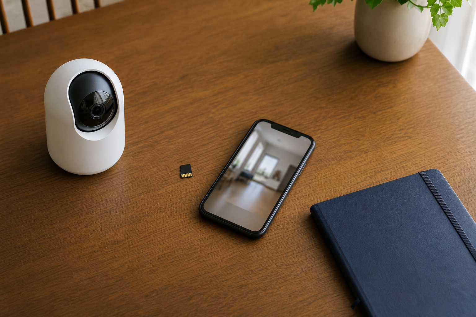ペット部屋のカメラ、microSD、スマートフォンを机で確認する様子