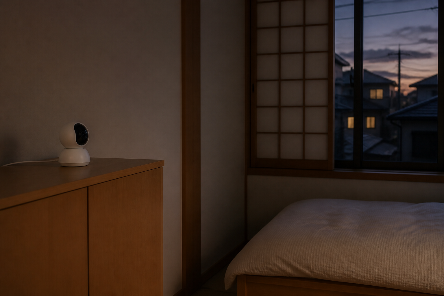 夕方の日本の寝室に置かれた室内カメラ