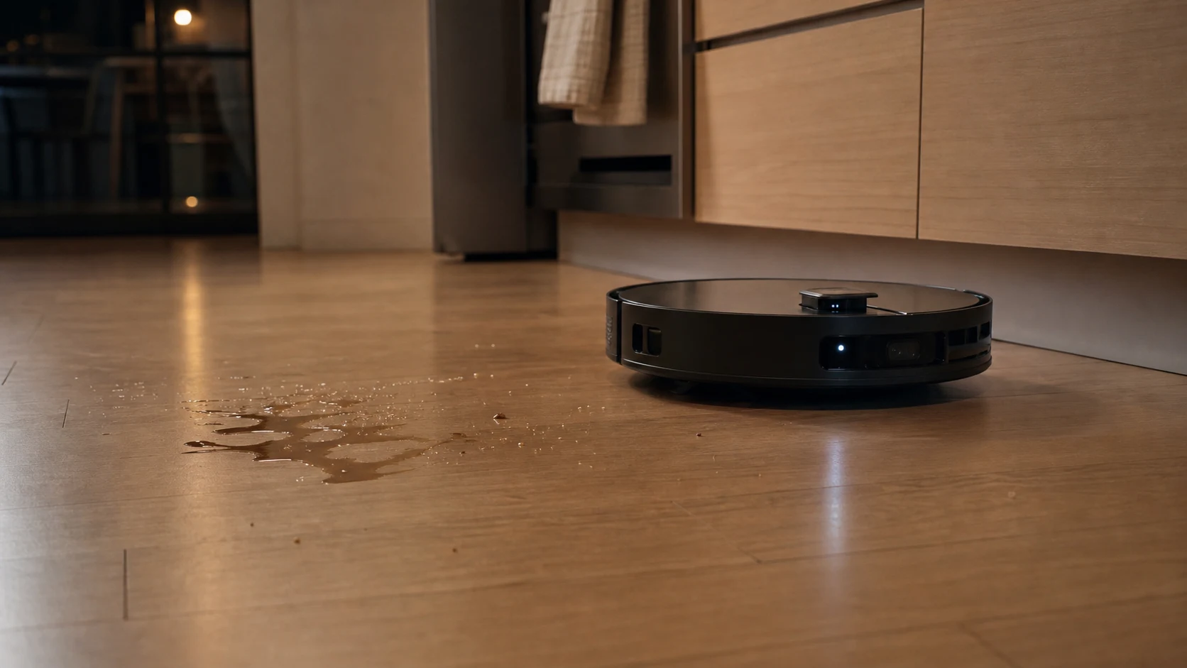 少量の水分と細かなパンくずが残るキッチン床へ黒いロボット掃除機が近づく様子
