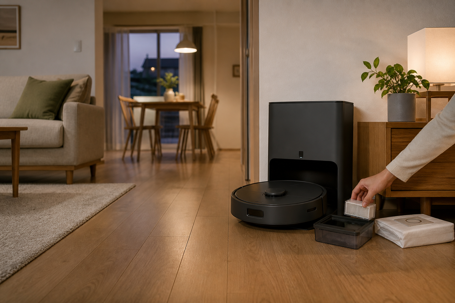 日本のリビングでロボット掃除機のドックと消耗品を確認する様子