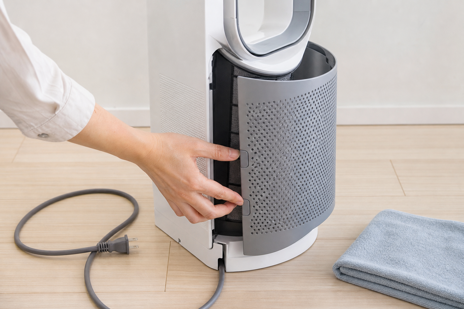 電源プラグを抜いてTP09のフィルターカバーを外す準備をするイメージ