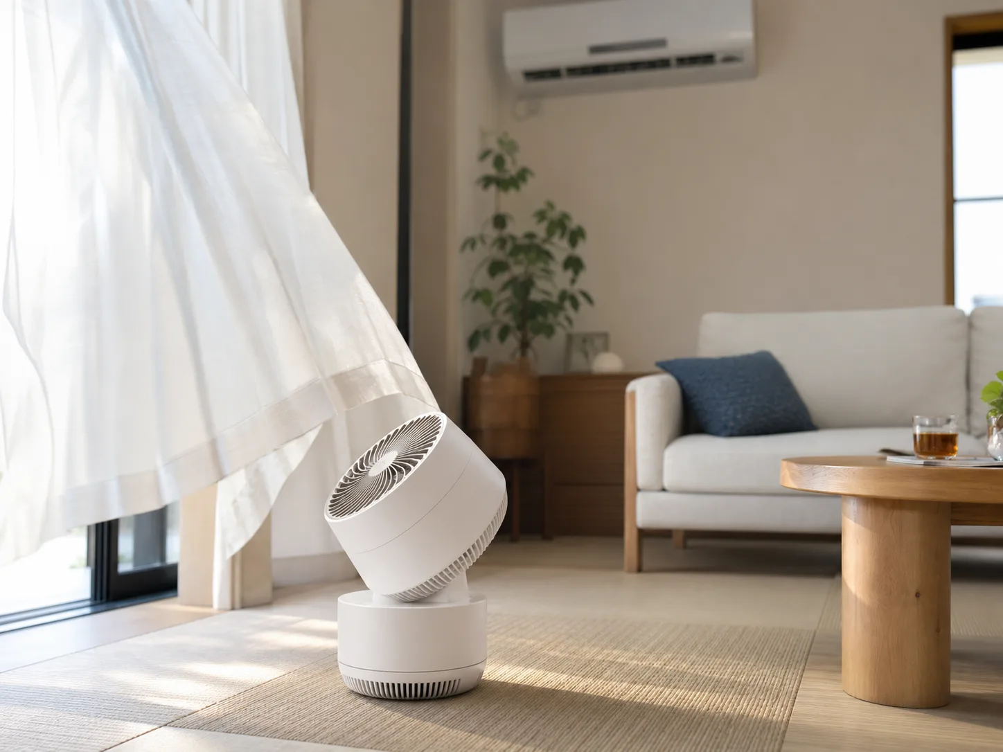 窓辺の居間で部屋の奥へ向けて送風するコードレスサーキュレーター