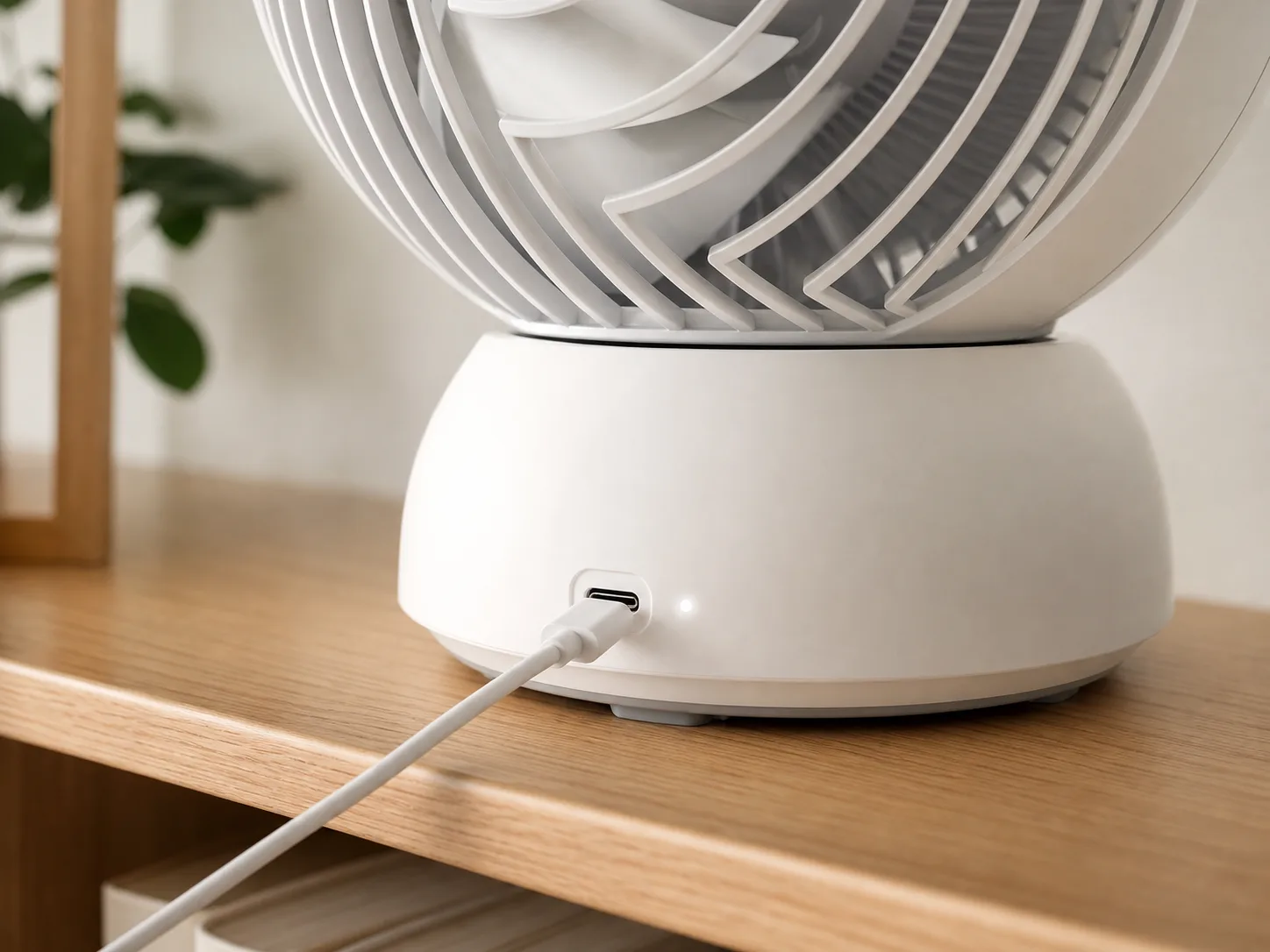 木製棚の上でUSB-C充電中のコードレスサーキュレーター