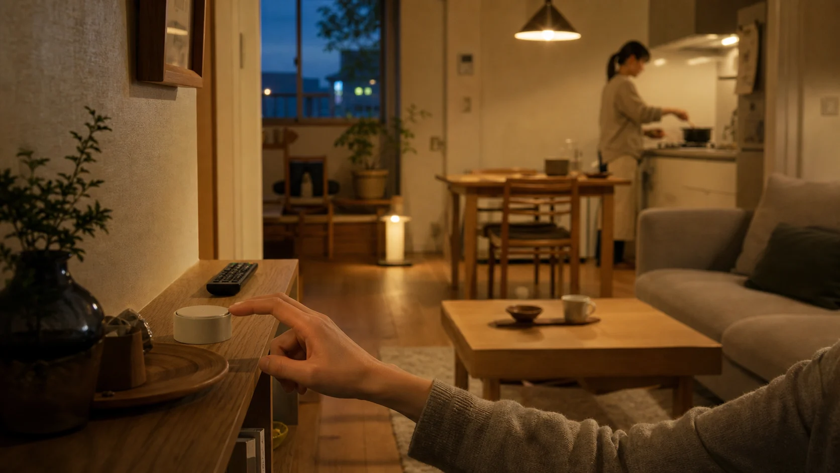 夕方の日本のリビングで家族が棚の手動操作へ手を伸ばす場面