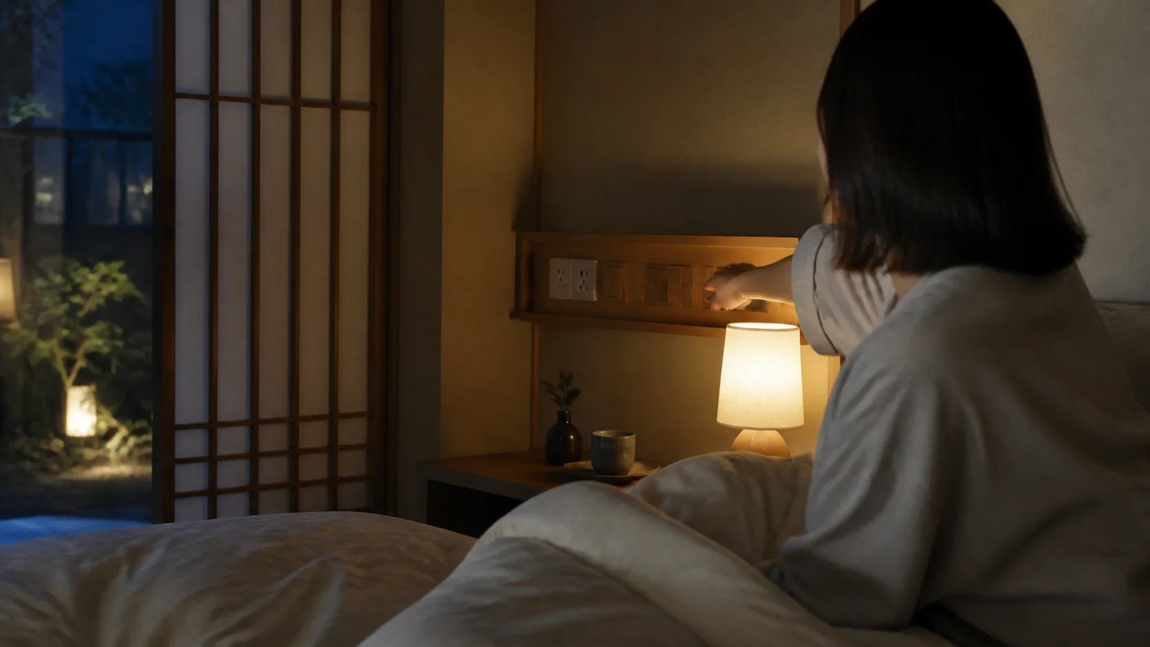 日本の客室で泊まり客がベッド脇の共有操作へ手を伸ばす場面