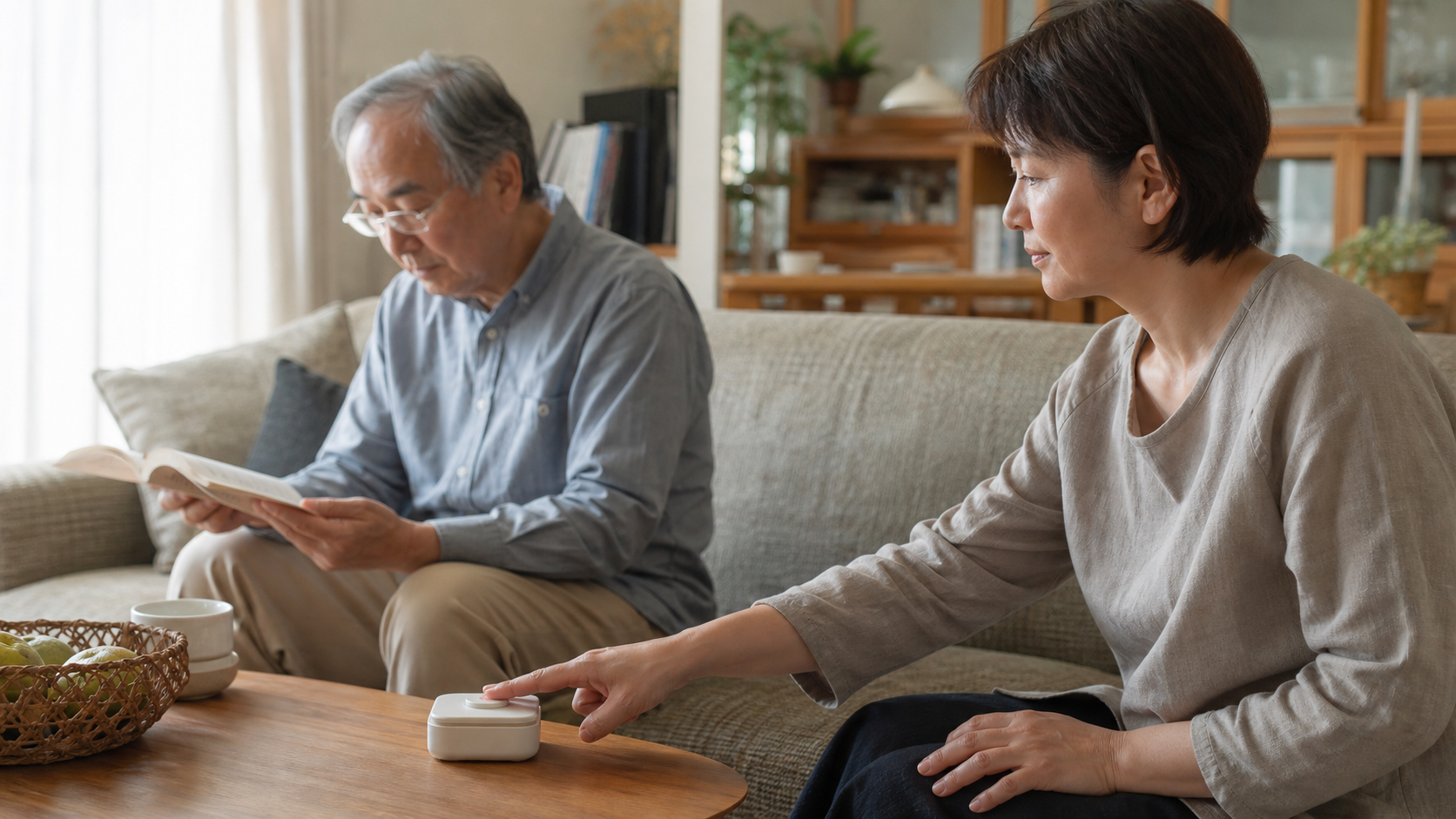 家族がリビングの小さな物理ボタンを押し、別の人が読書を続ける様子