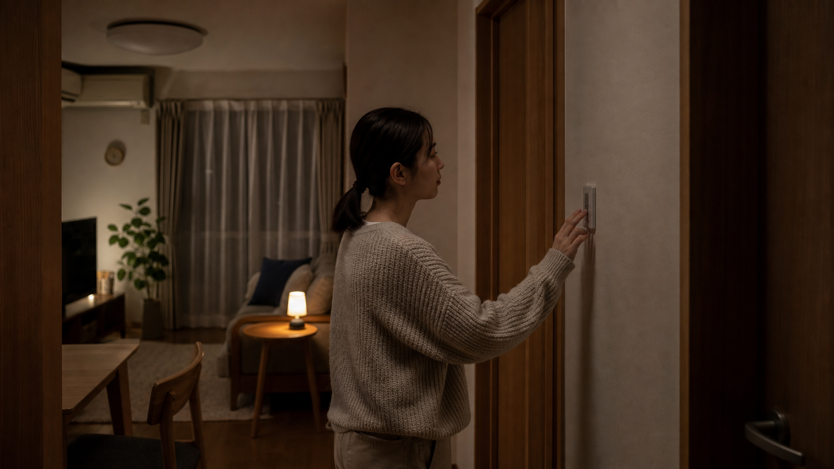 夜の日本の住まいで自動化後の照明を手動スイッチへ戻す様子