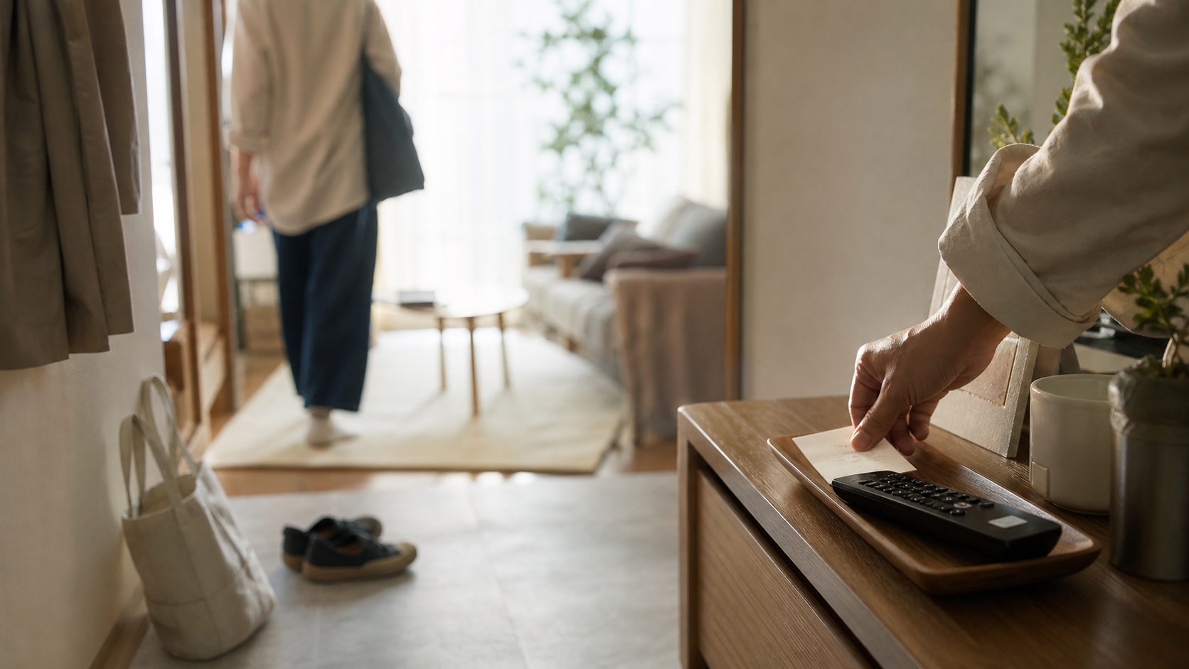 朝の日本の住まいで出かける前のリモコンと小さなメモを置く様子