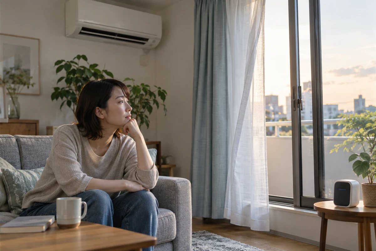 冷房中のリビングで空気質モニターを見ながら窓の開け方を考える場面