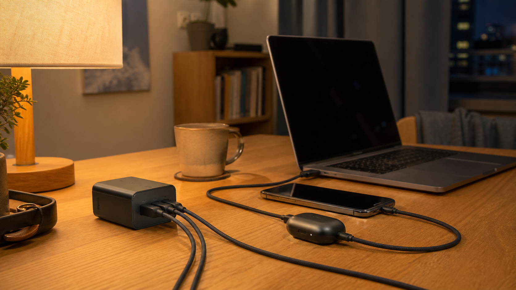 仕事を終えた机で、ノートPCを充電しながらスマートフォンと小物を同じ充電器へ戻す夜の使用イメージ