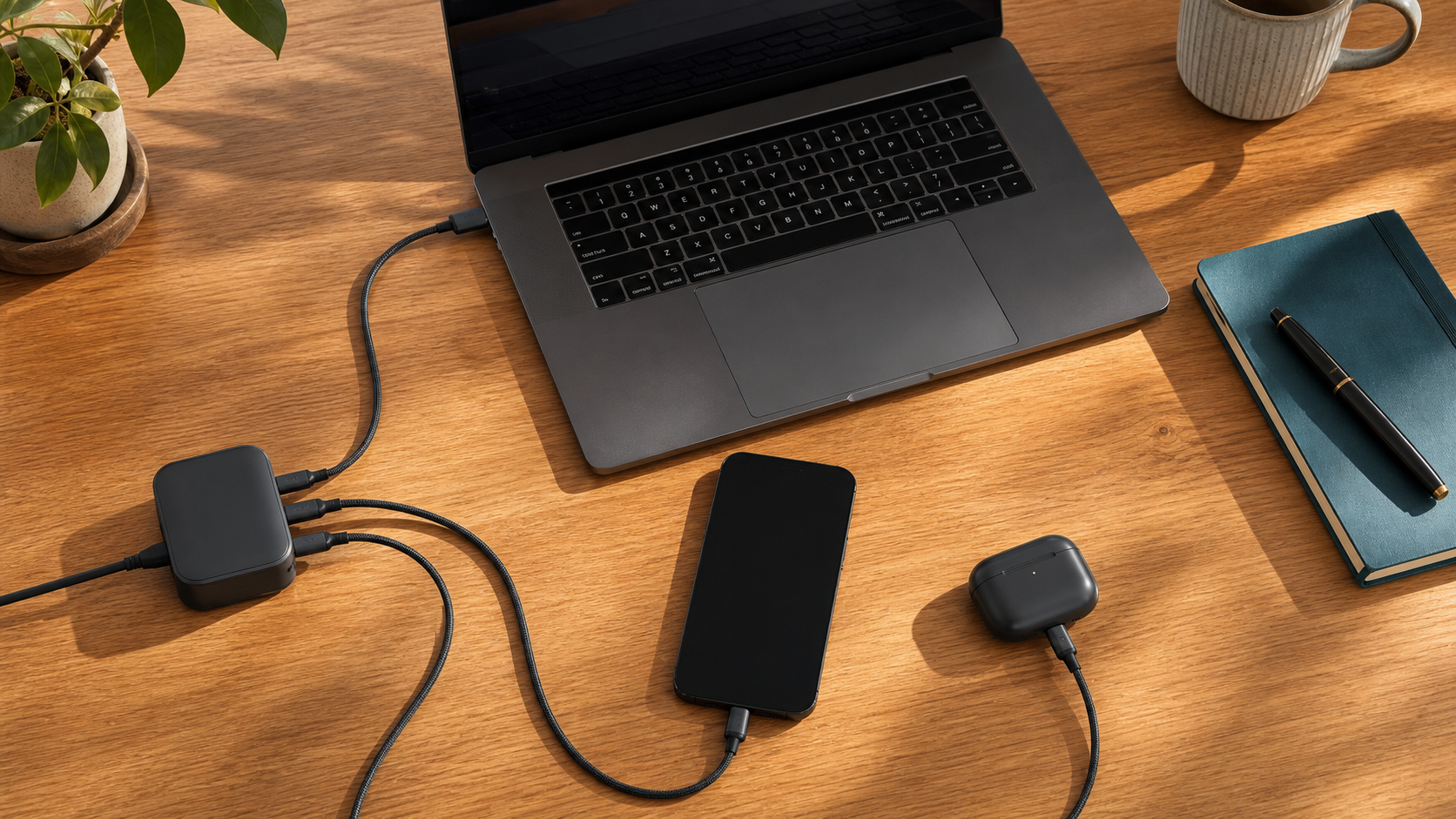 ノートPC、スマートフォン、イヤホンケースを一つの3ポート充電器へつなぐ机上の使用イメージ