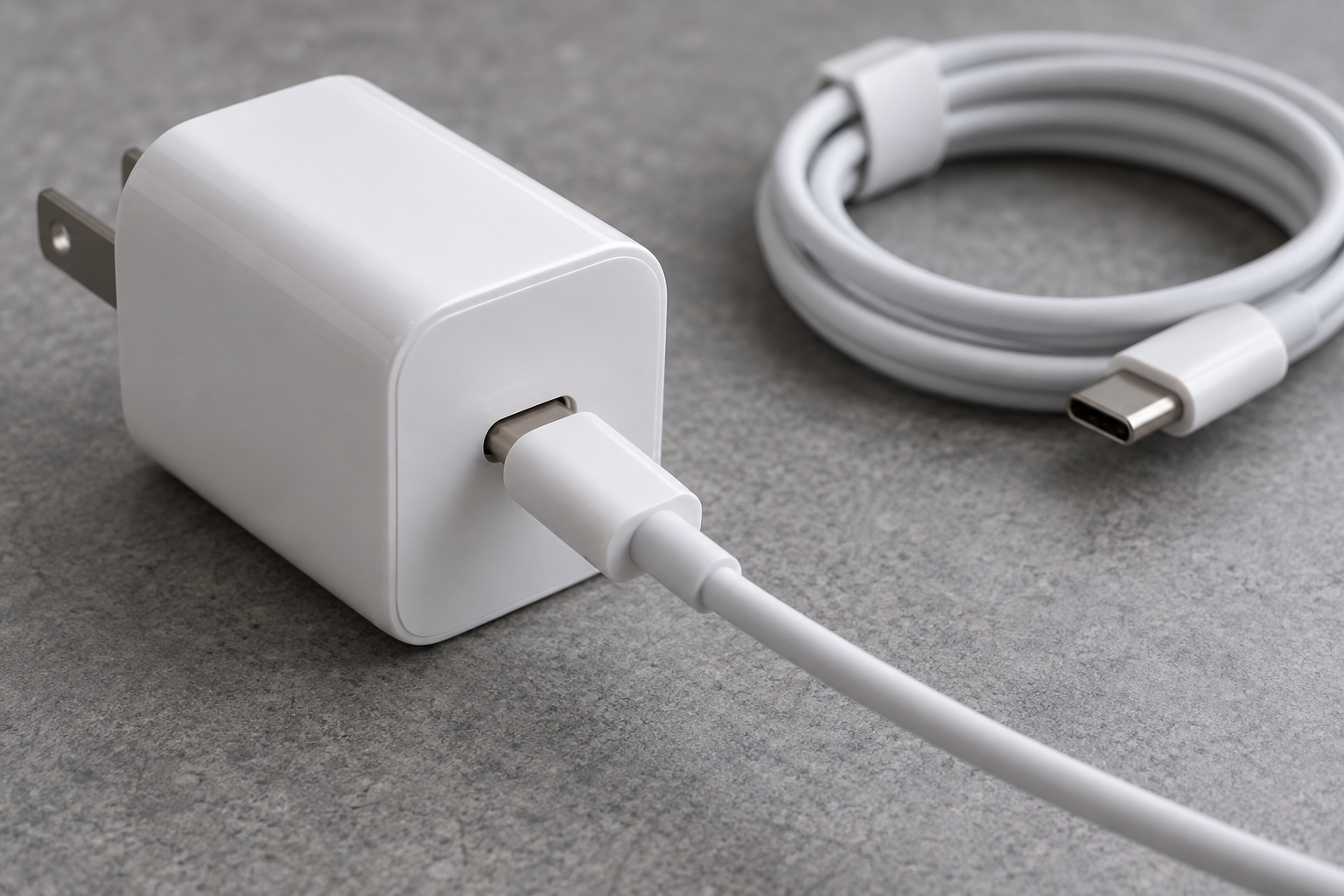 USB-C電源アダプタと2本のUSB-Cケーブルを近くで見る場面