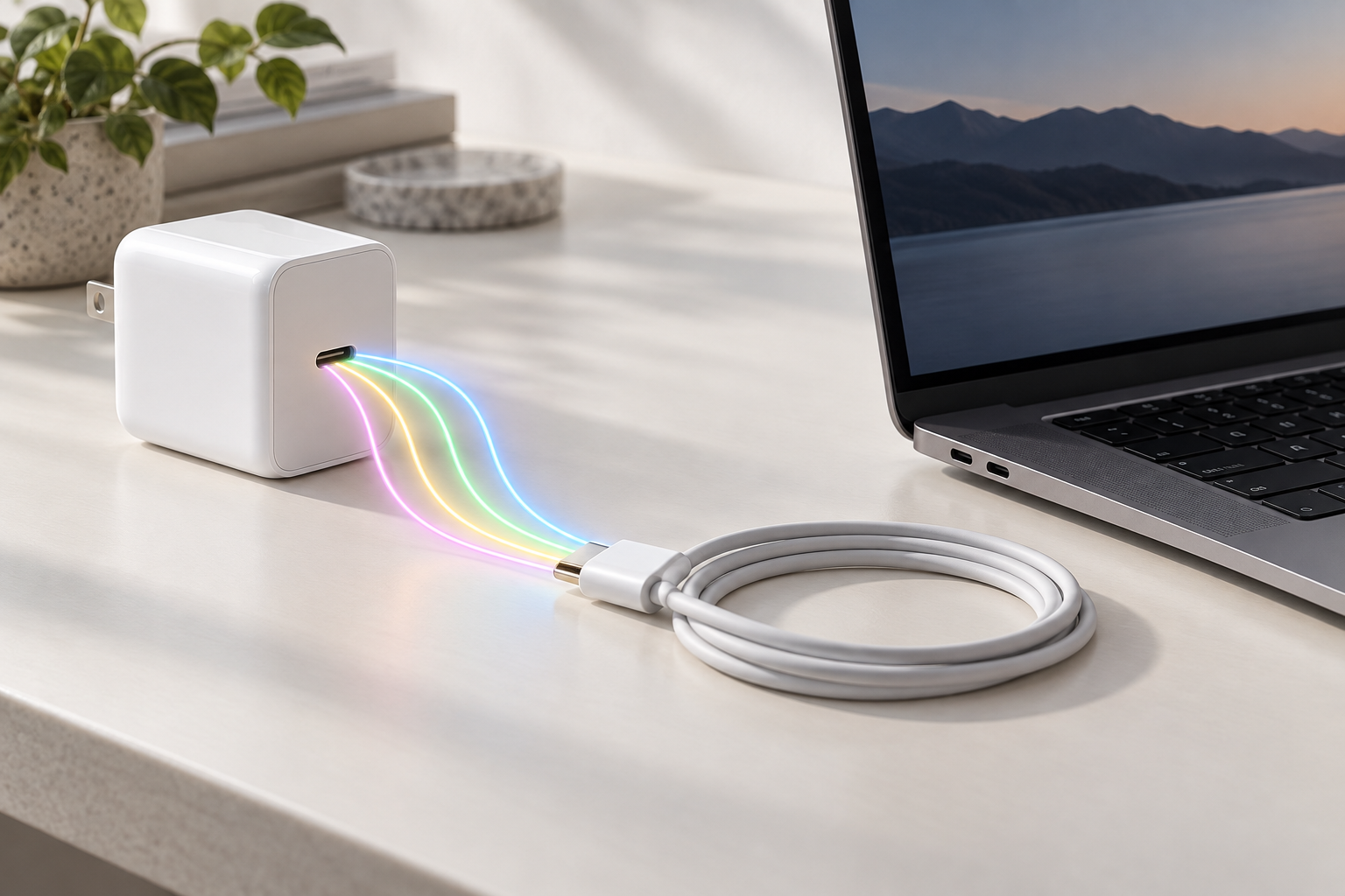 白いUSB-C電源アダプタからケーブルへ電力プロファイルが移るイメージ