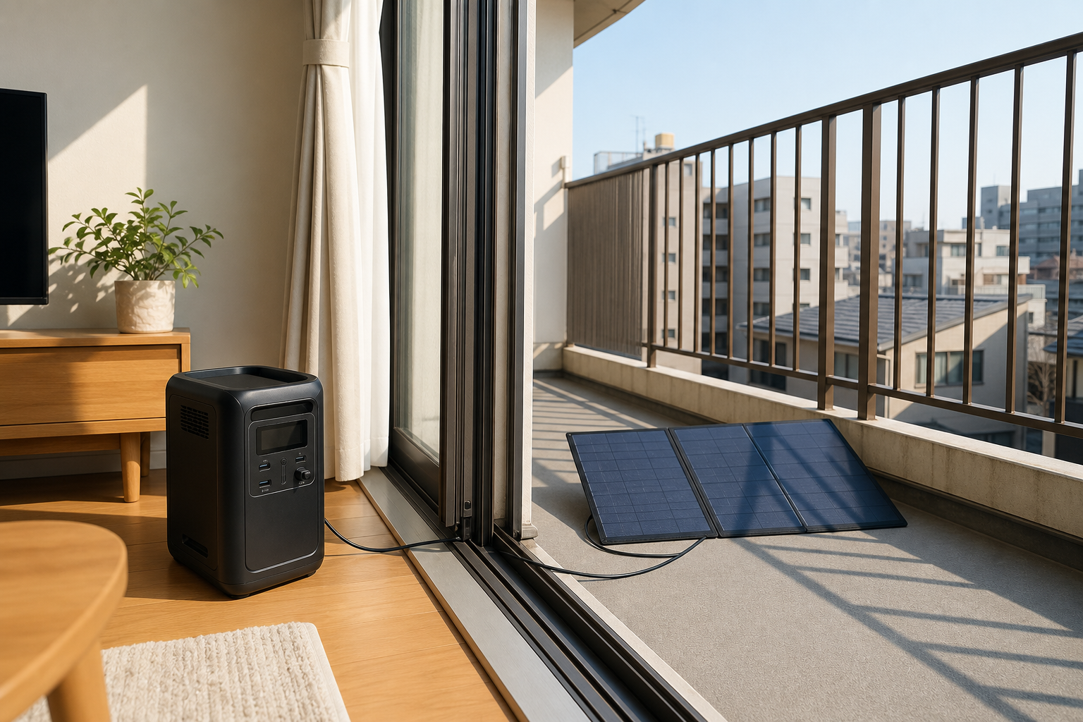 日本の集合住宅のベランダに置いた折りたたみソーラーパネルと室内のポータブル電源