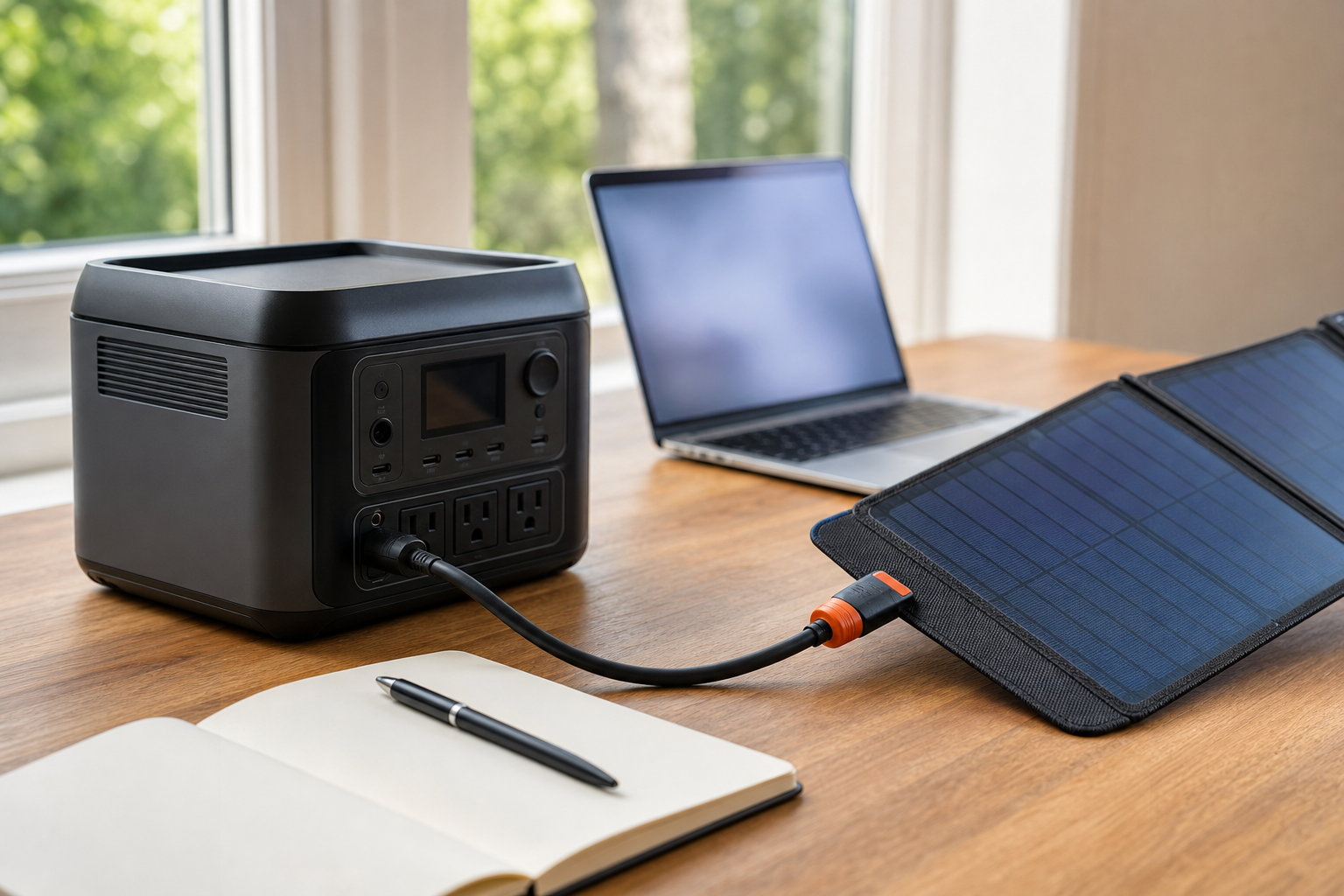 ポータブル電源、折りたたみパネル、ソーラー充電ケーブルを机の上で確認する場面