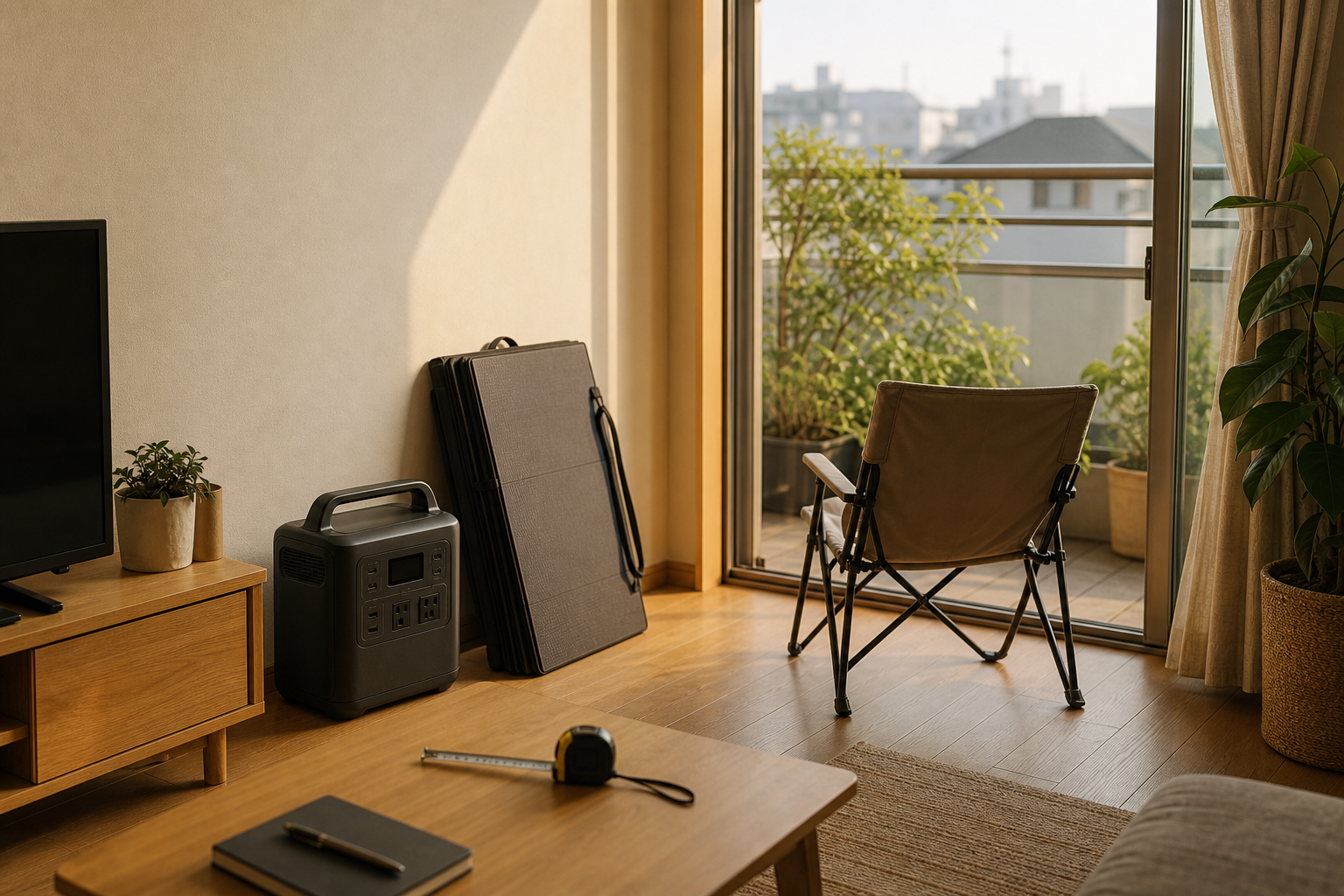 室内に置いたポータブル電源と折りたたみパネル、ベランダの広さを測るメジャー