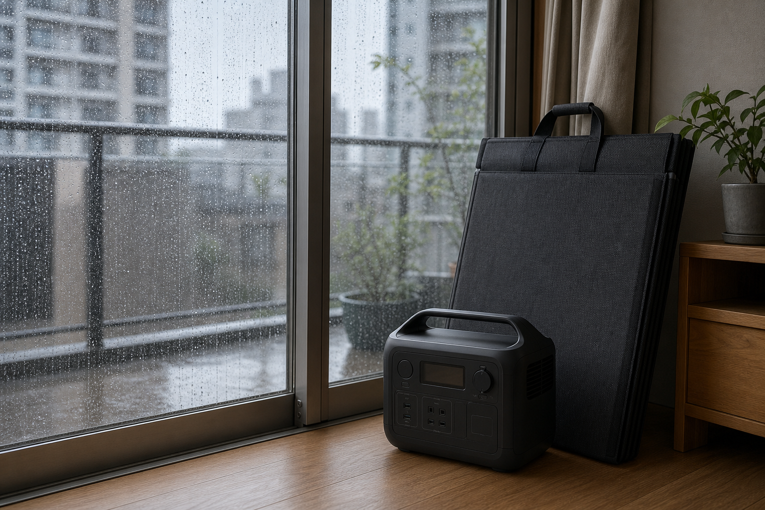 雨の日に折りたたみソーラーパネルとポータブル電源を室内へ戻した場面