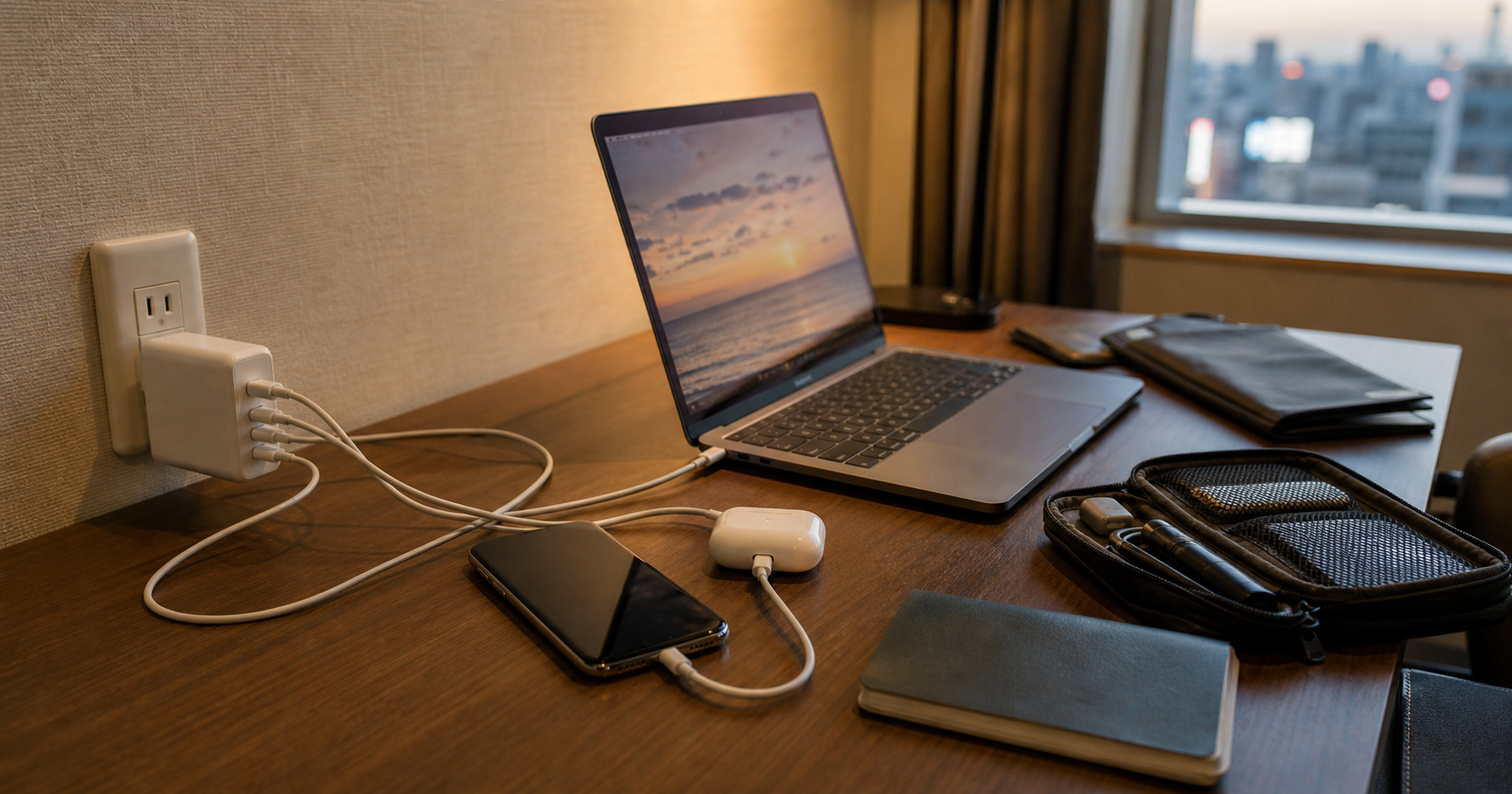 ホテルの机でノートPC、スマートフォン、イヤホンを一つのUSB-C充電器から充電する様子
