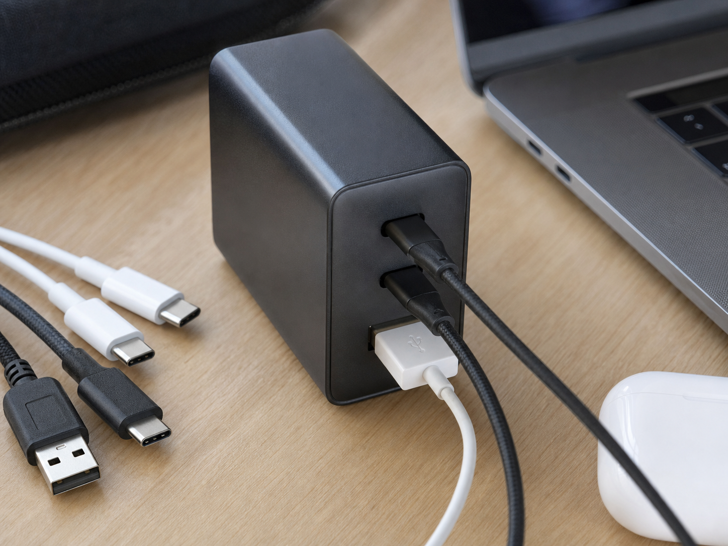 USB-CとUSB-Aのポートにケーブルを挿し分ける場面