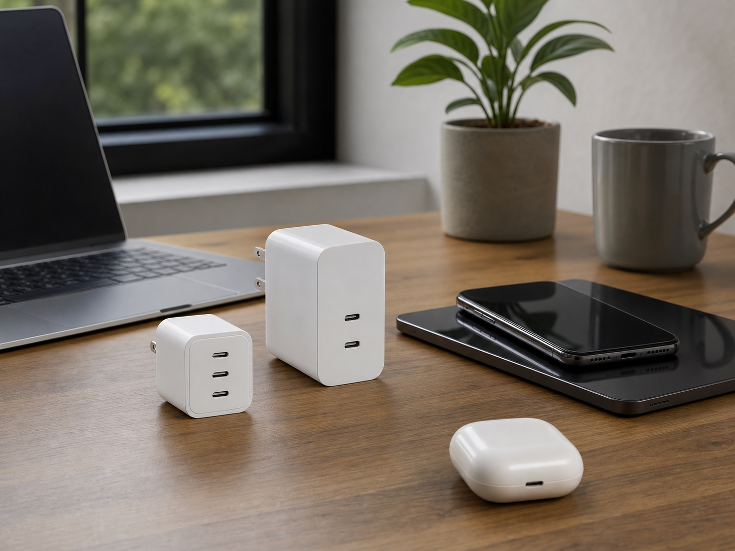 65W級と100W級のUSB-C充電器を机で比べる場面