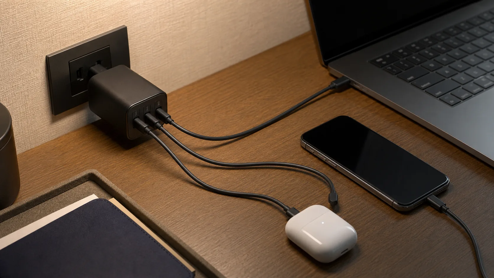 出張先のホテルの机で3台の機器を一つの充電器につなぐ様子