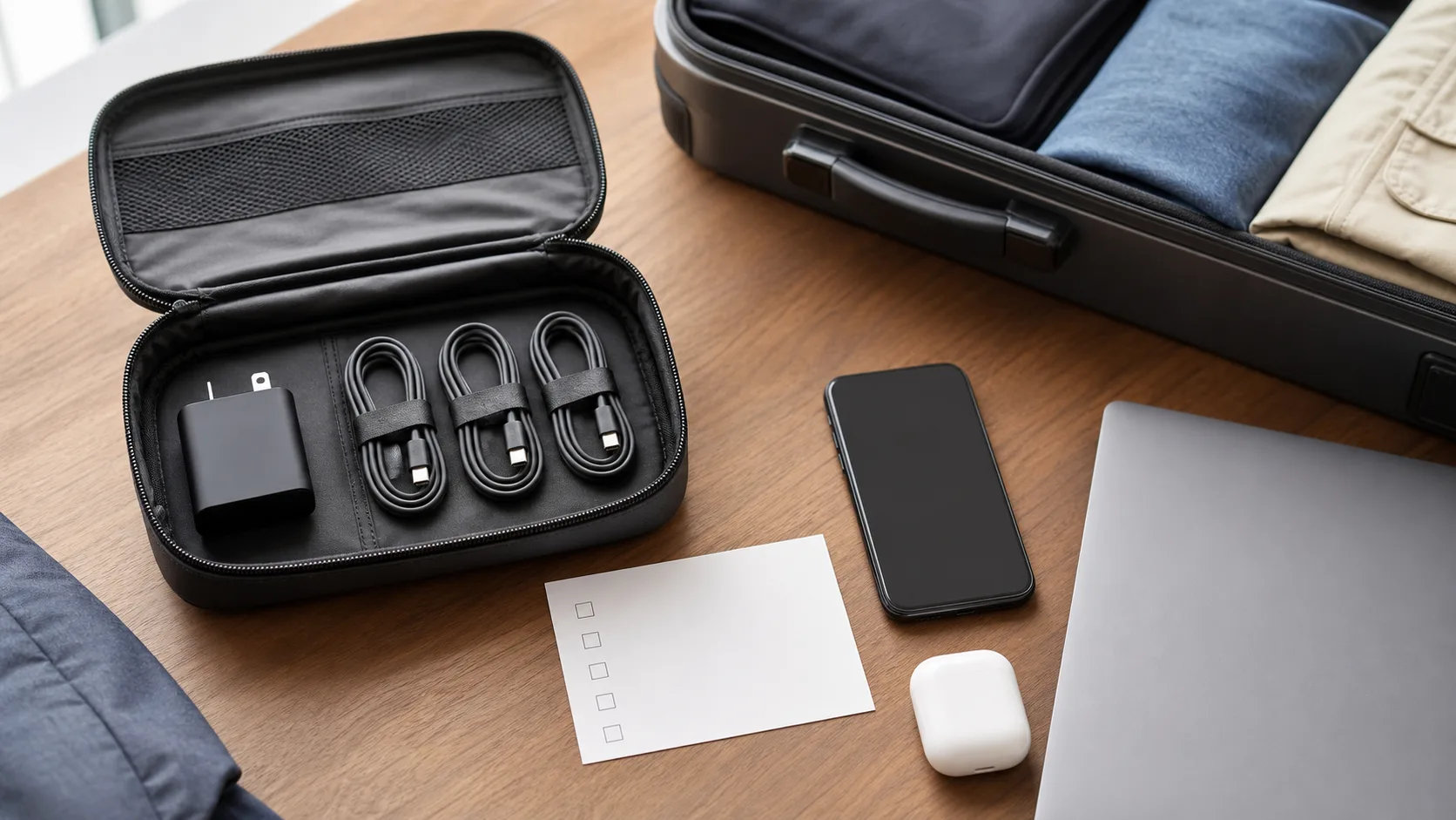 出張前の机に充電器、USB-Cケーブル、ノートPC、スマートフォン、イヤホンを並べる様子