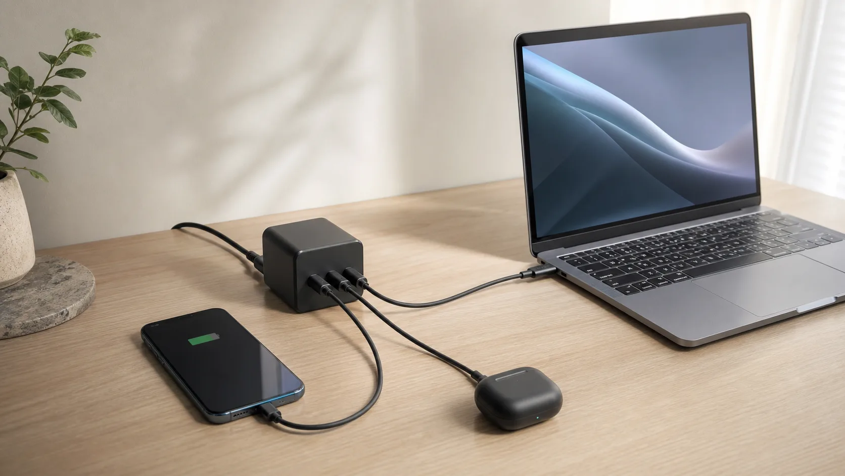 3ポートUSB-C充電器の出力配分をイメージできる机上の構成