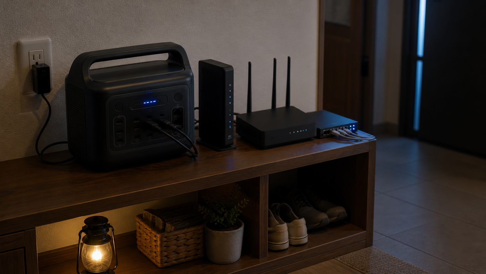 壁際の光回線機器、Wi-Fiルーター、NASをポータブル電源へ寄せる使用イメージ