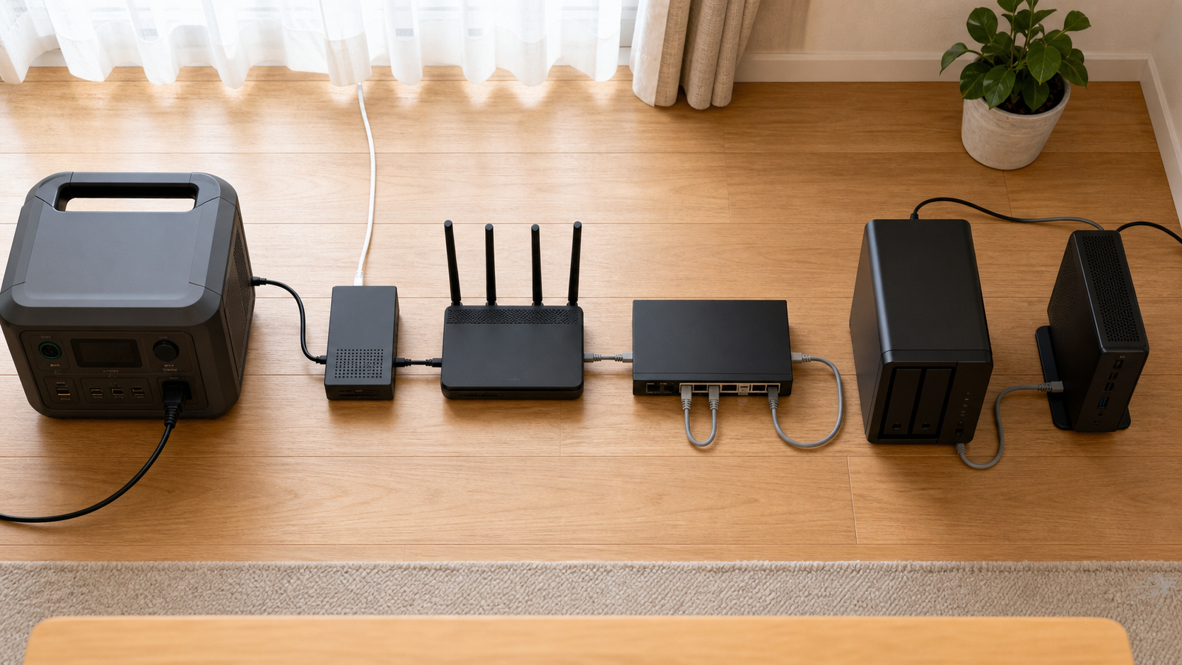 ONU、Wi-Fiルーター、NAS、仕事机をどの順で電源へつなぐかを俯瞰する使用イメージ