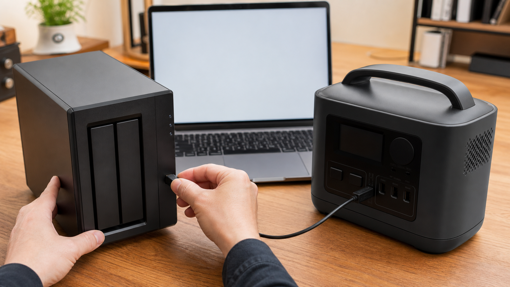 ポータブル電源のUSB-BポートからNASへ通信ケーブルをつなぐ使用イメージ