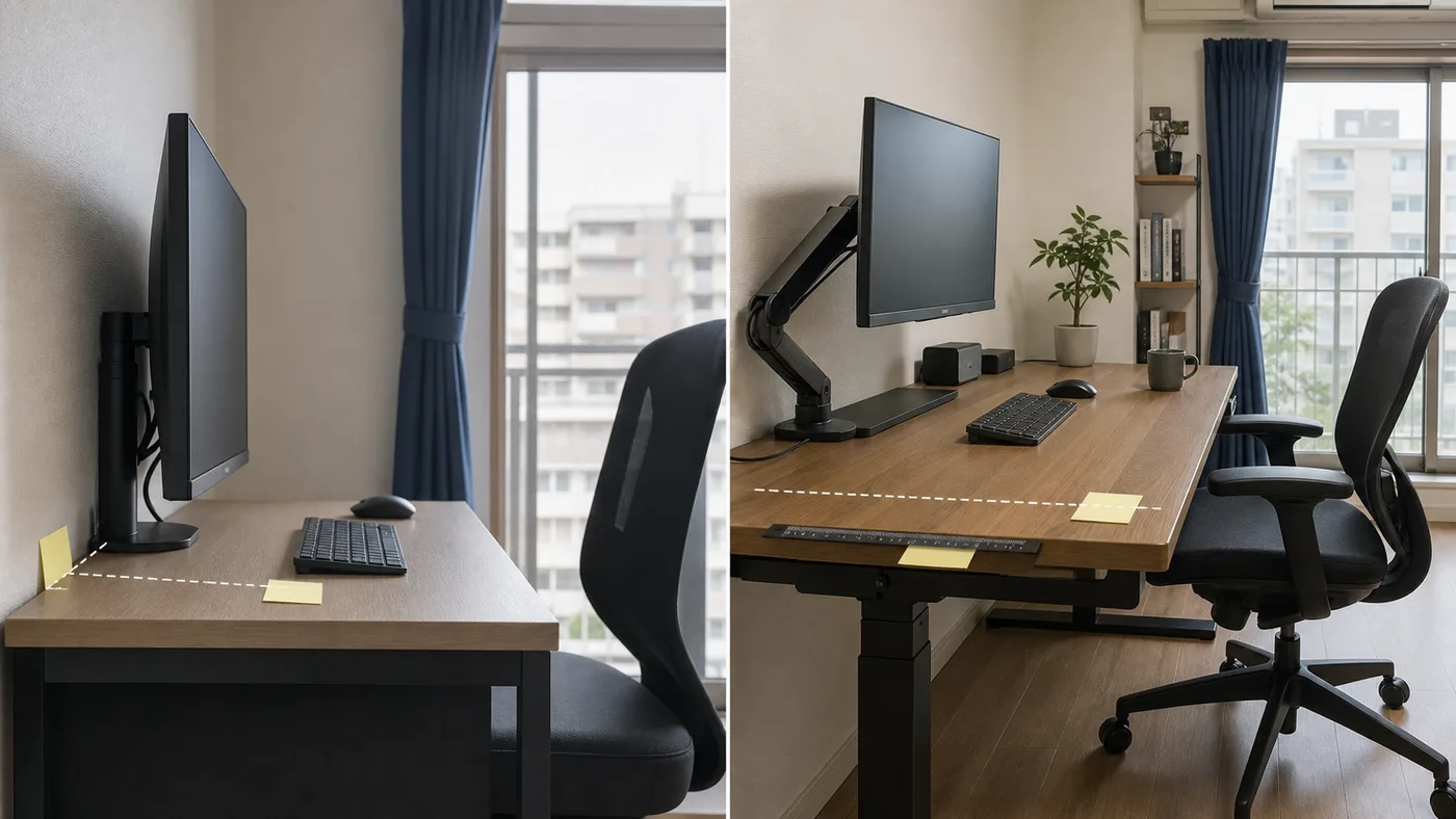 浅い机と奥行きのある机で27型モニターの距離を比べる