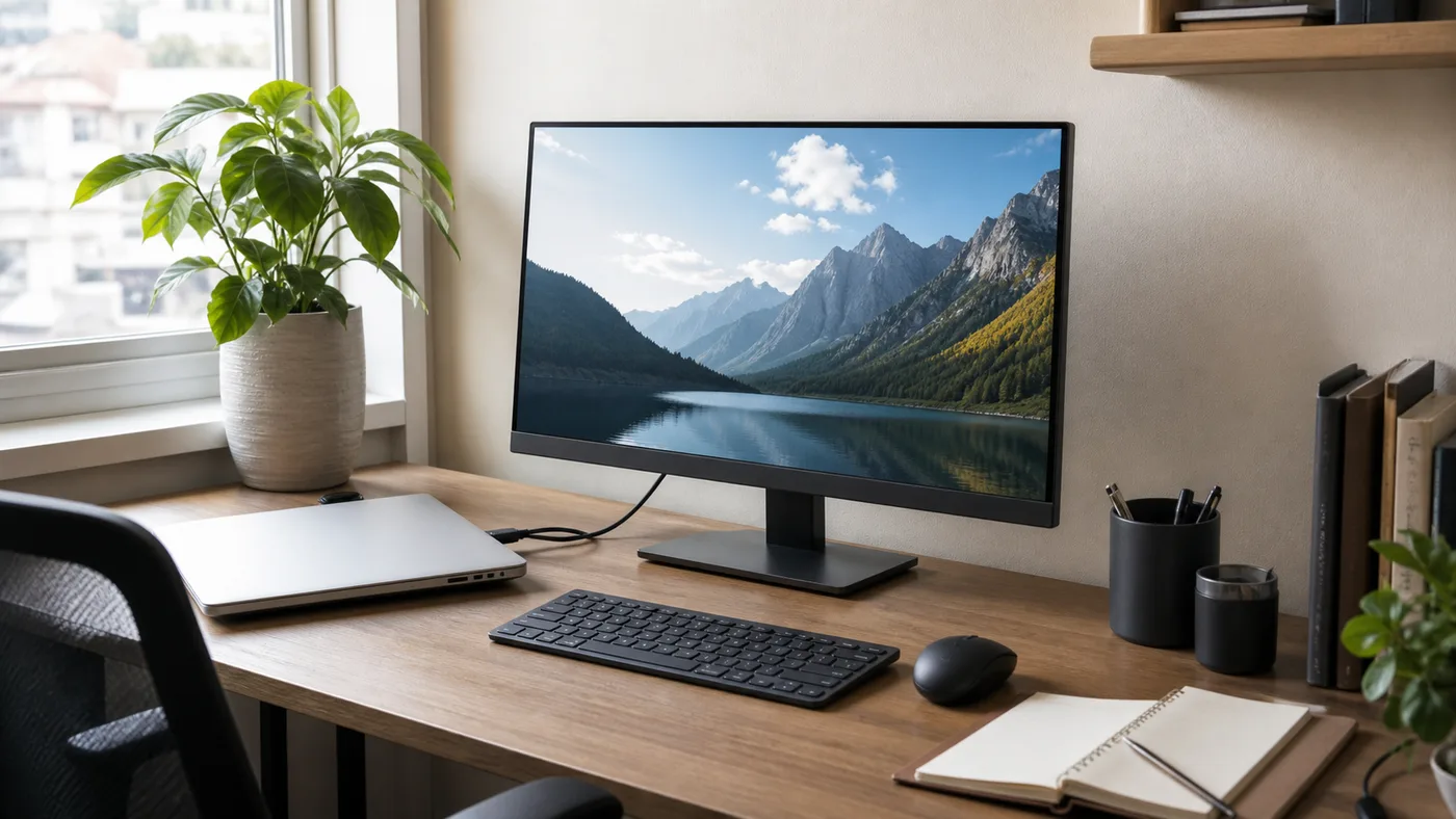 USB-CモニターとノートPCを在宅ワーク用デスクに置いたイメージ
