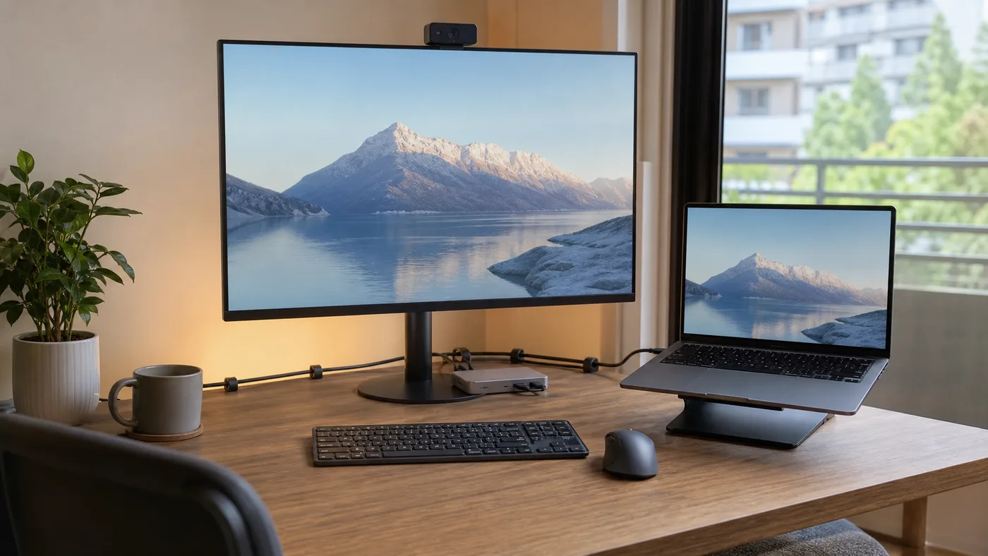 USB-Cケーブル1本でノートPCと4Kモニターを接続するデスク