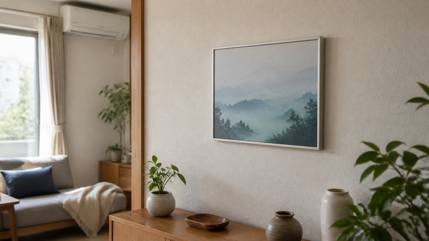 日本の住まいの壁に飾ったカラー電子ペーパーアートフレームのイメージ